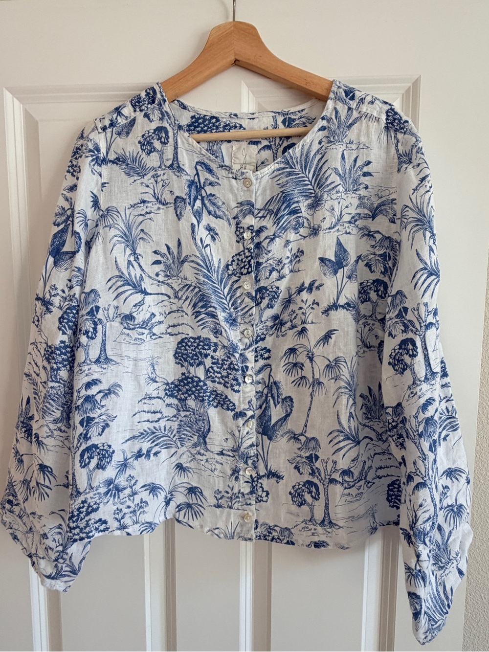 Joie Tropica 100% Linen Blouse Tropical Toile Palm Bird 1X Resortwear